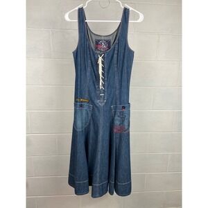VTG 90's Lauren Jeans Denim Dress Nautical Lace Up Pockets Fit & Flare‎ Size 4